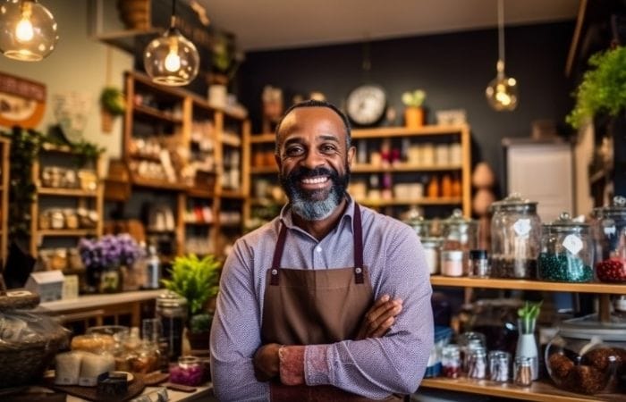 a smiling business owner at his store