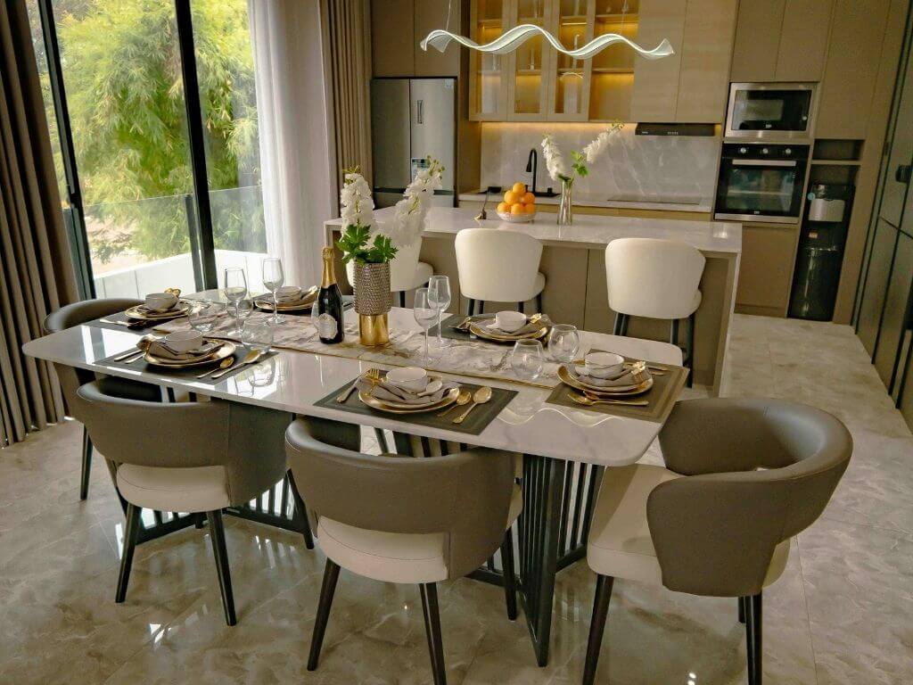 modern dining table and chairs in a dining room