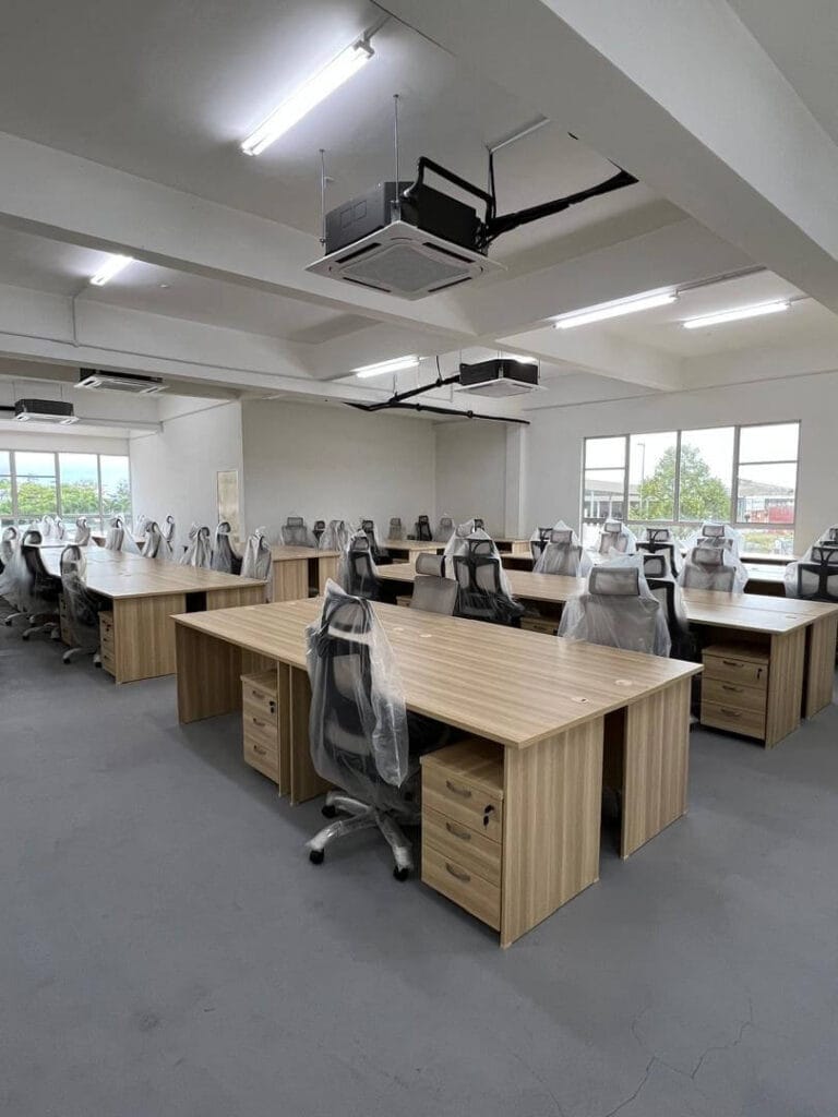 new ergonomic office chair and table set up in a workspace